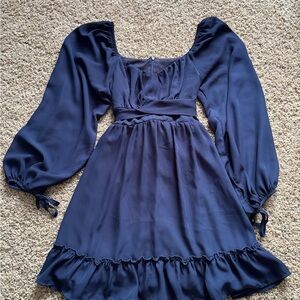 Elegant Navy Blue Dress with Puff Sleeves